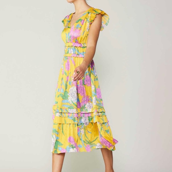 Current Air Dresses & Skirts - Current Air Yellow Floral Midi Dress with Pink & Green Accents